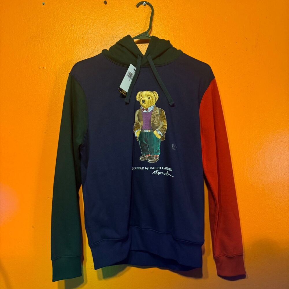 Polo Ralph Lauren Hoodie S Navy Multi Colorblock Polo Bear Fleece Pullover